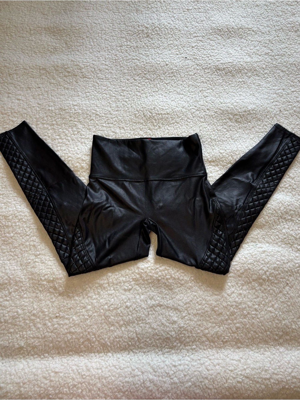 Spanx Women Black Faux Leather Quilted Motto Leggings